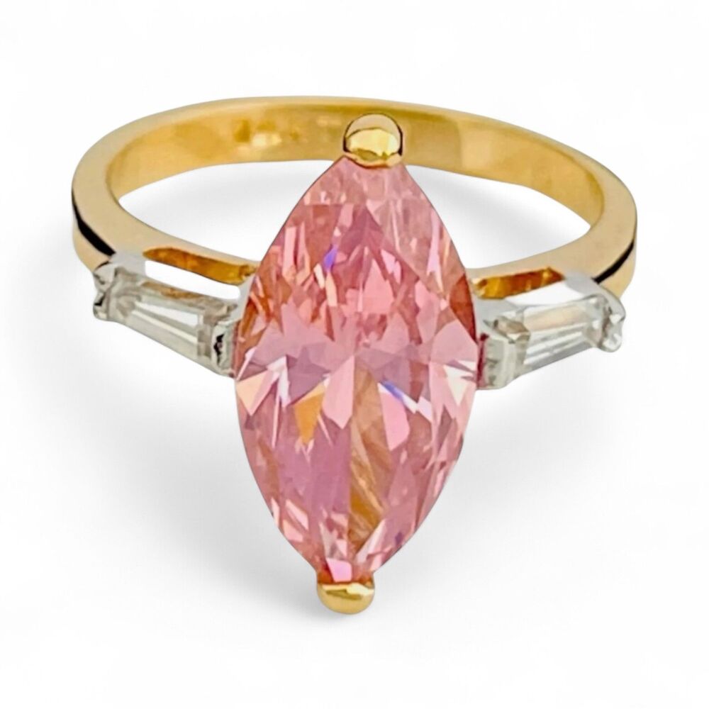 Vintage 1980s Pink Cubic Zirconia Ring Size 8 14KTGE Baguette Accents - 14C